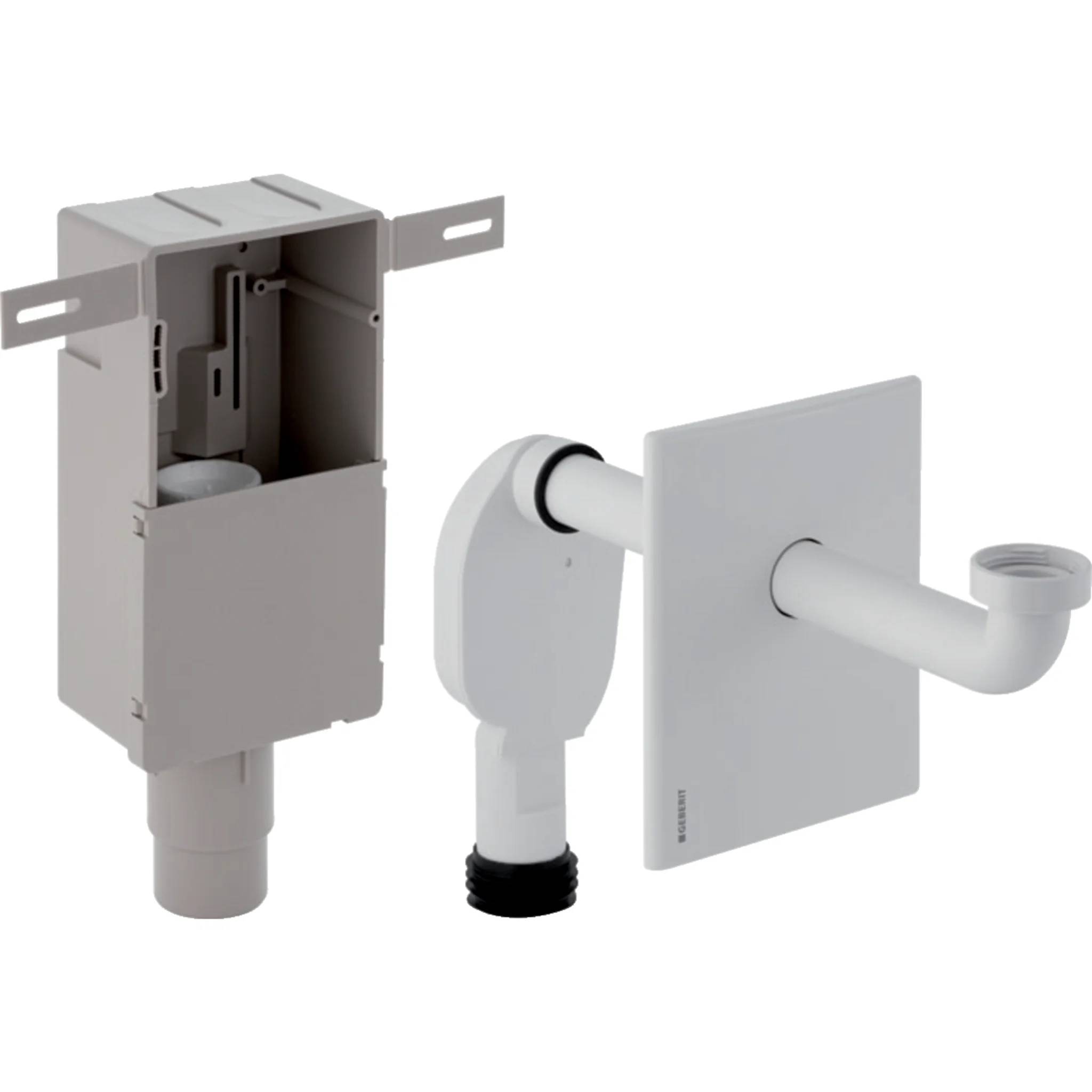 Ein verborgener Unterputz-Toilettenbehälter mit Spülmechanismus, seitlichen Montageklammern und einem weißen wandmontierten Spülrohr und einer weißen Spülplatte.