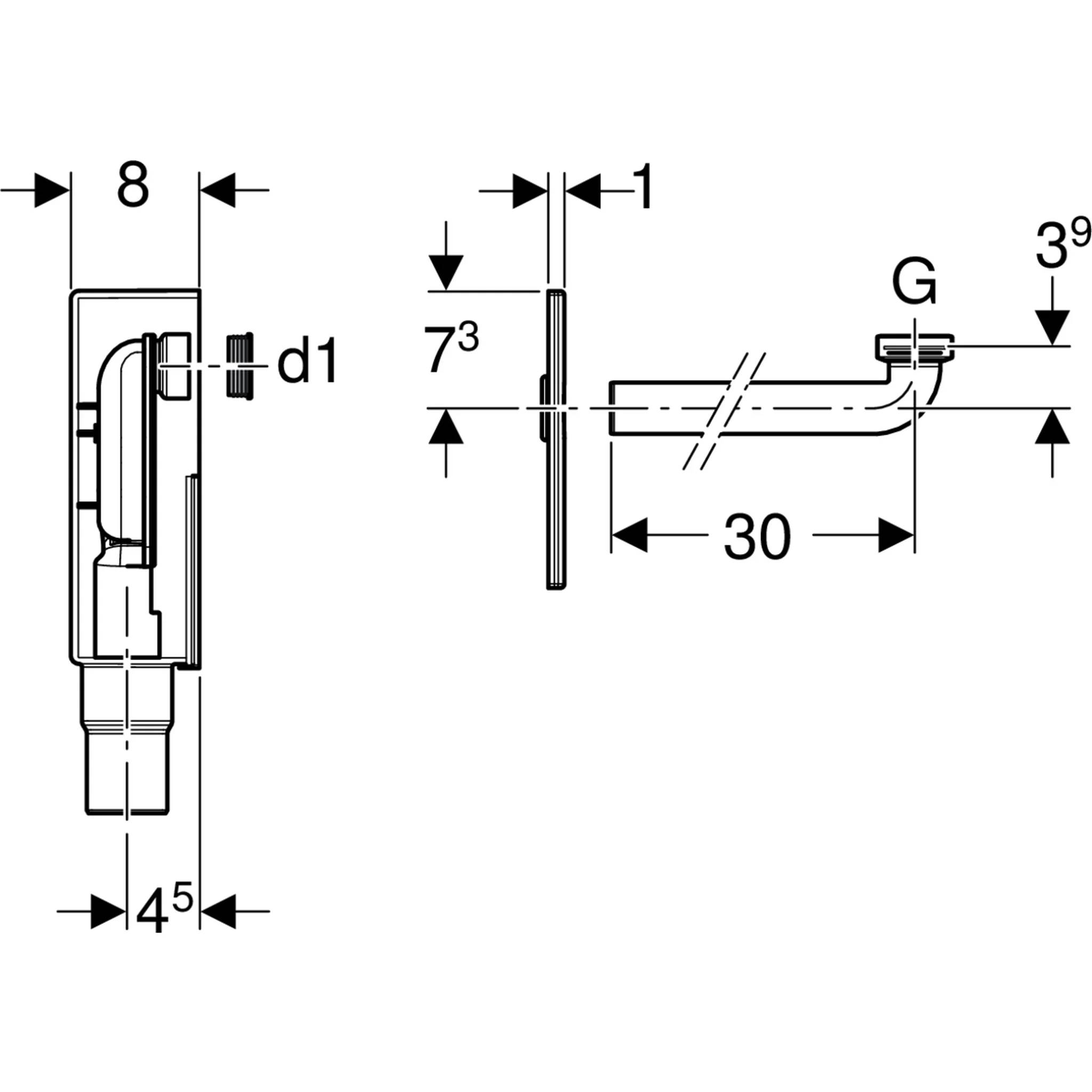 Technische Maßstabzeichnung eines kleinen mechanischen Teils mit Seiten- und Draufsicht mit den Abmessungen 8, d1, 4,5, 7,3, 1, 30, G und 3,9.