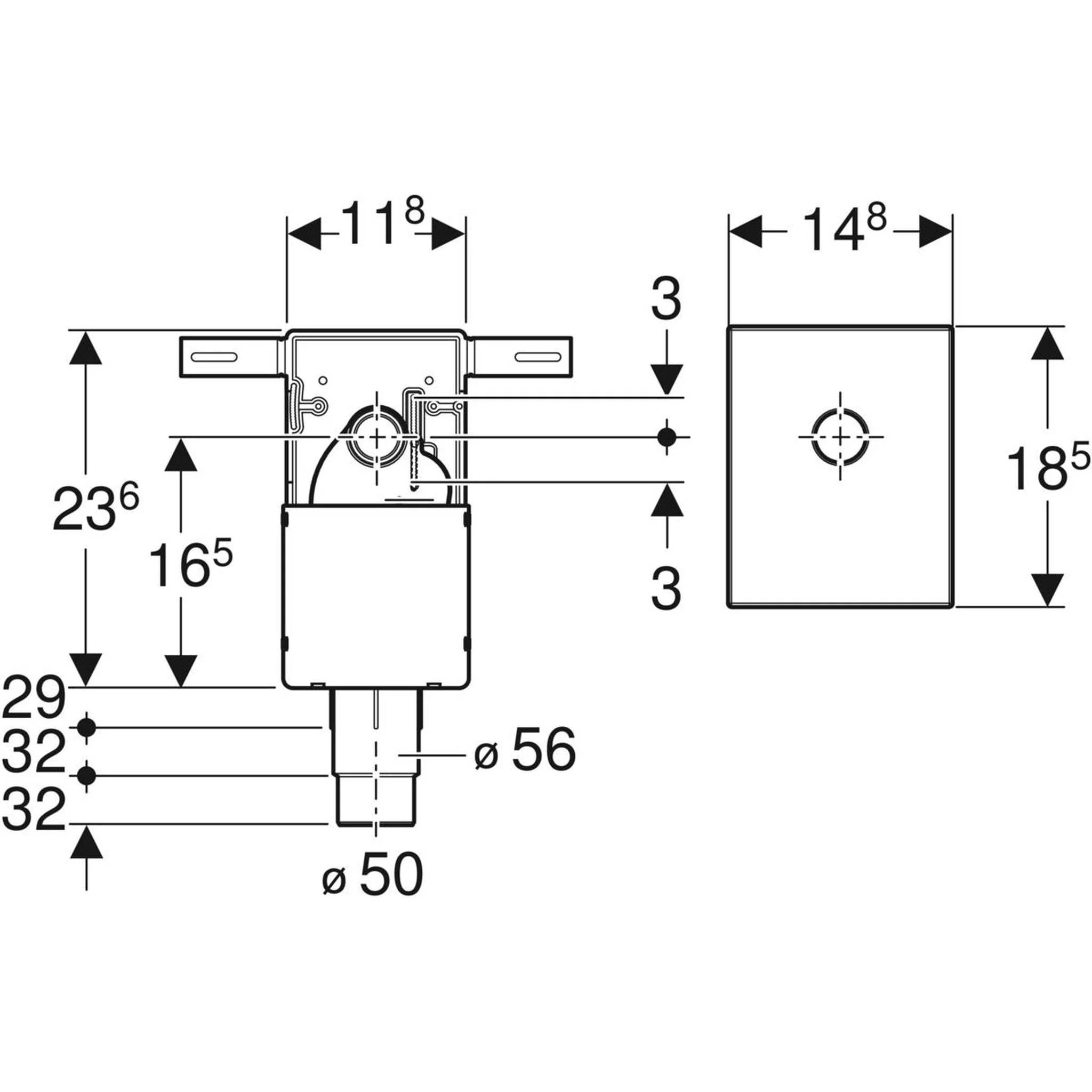 Technische Zeichnung einer montierten mechanischen Komponente mit Front- und Seitenansicht, wobei Abmessungen in Millimetern dargestellt sind, einschließlich 118, 148, 185, 236, 165 und Durchmesser 50 und 56.