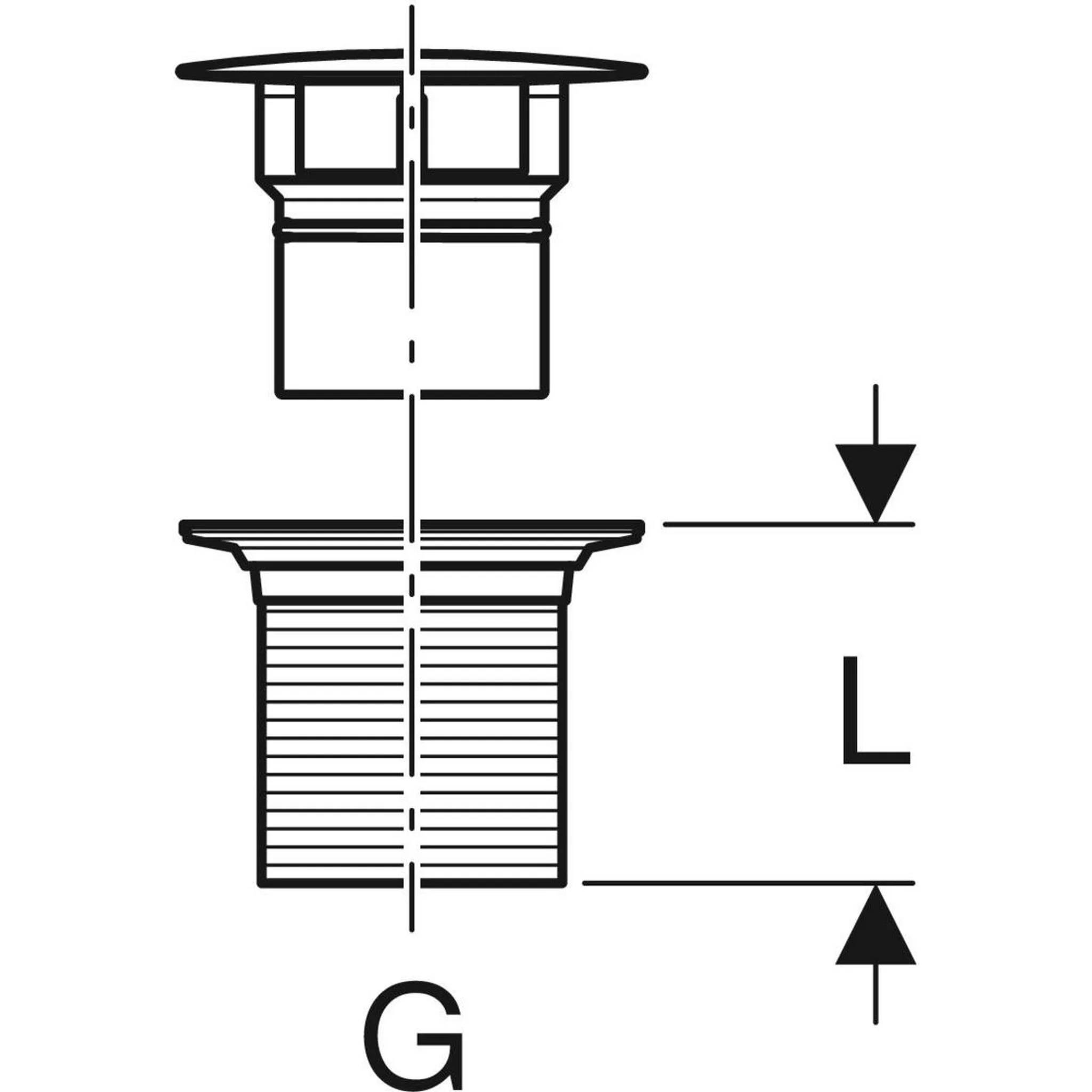 Technisches Diagramm eines Gewindessteckers oder einer Verbindung mit zwei Teilen, die auf einer Mittellinie ausgerichtet sind, mit vertikalen Bemaßungspfeilen, die mit L und G gekennzeichnet sind.