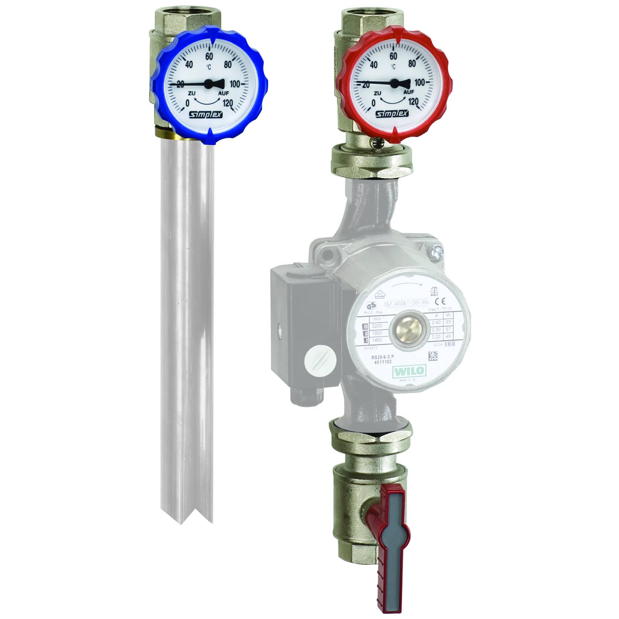 Zwei analoge Temperaturmessgeräte auf Rohrleitungskomponenten: eine blaubekappte Sonde auf einem Rohr und ein rotbekapptes Manometer auf einer Zirkulationspumpe mit Ventilgriff.