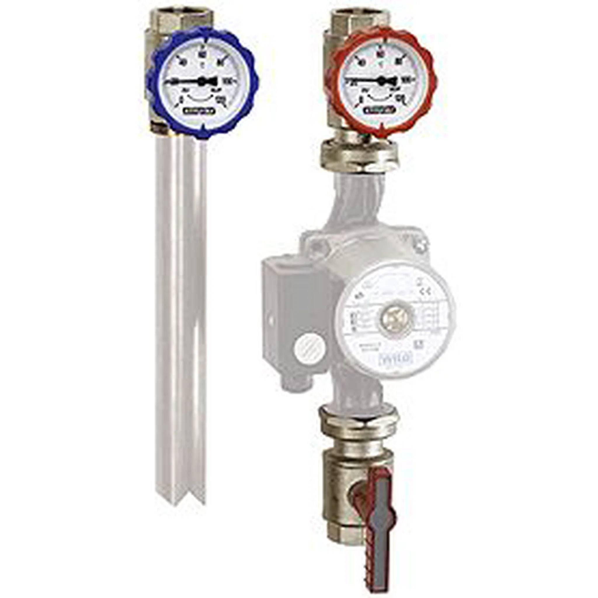 Zwei Wasserzähler für Industrieanwendungen mit runden Zifferblättern und farbigen Kappen, einer auf einer hohen Metallsonde montiert und einer an einer Ventilbaugruppe befestigt.