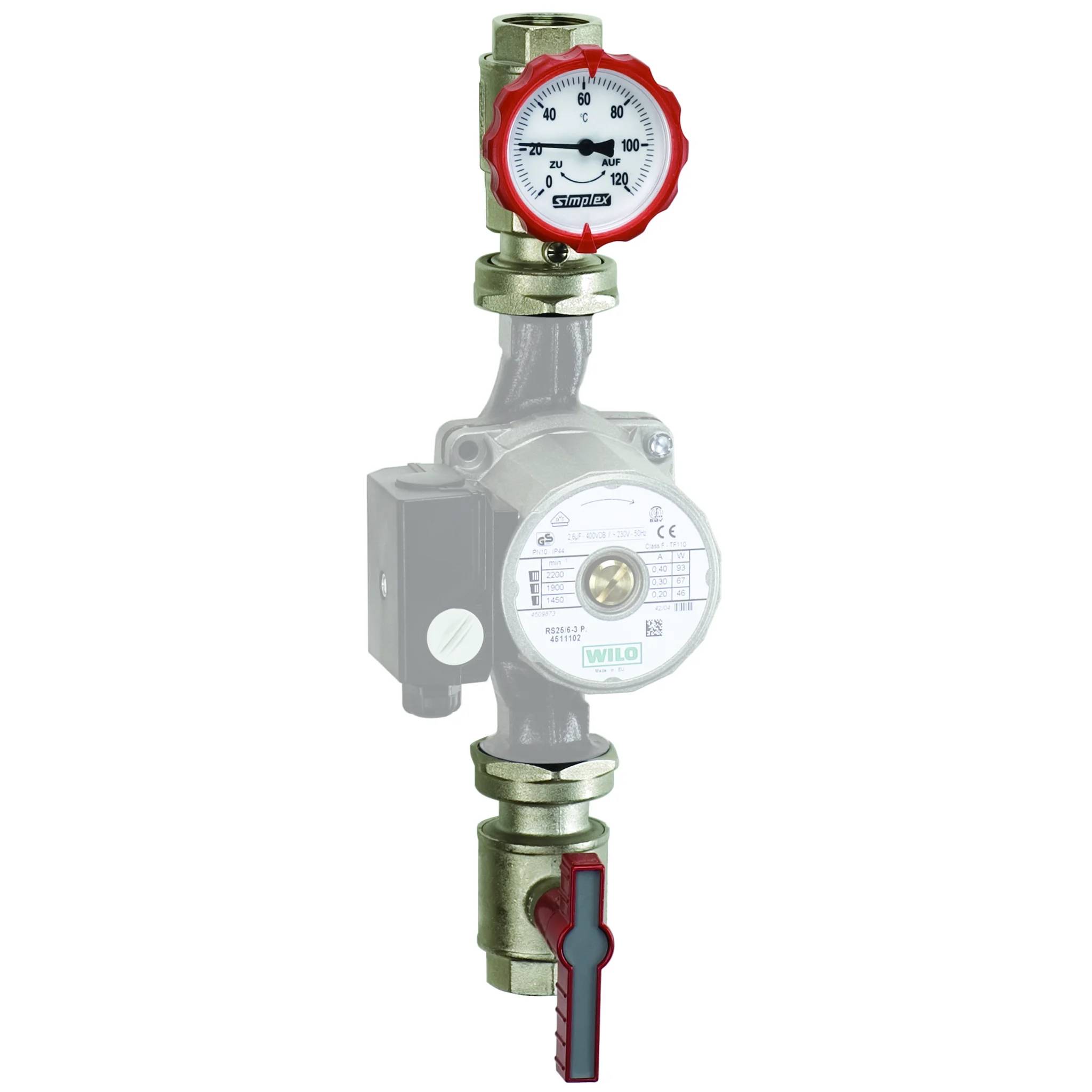 Aalberts SX Pumpen-Vorl.-Gruppe DN25 G1i PN16 MS vern. 2tlg. Thermom.gr., 1 Stk.