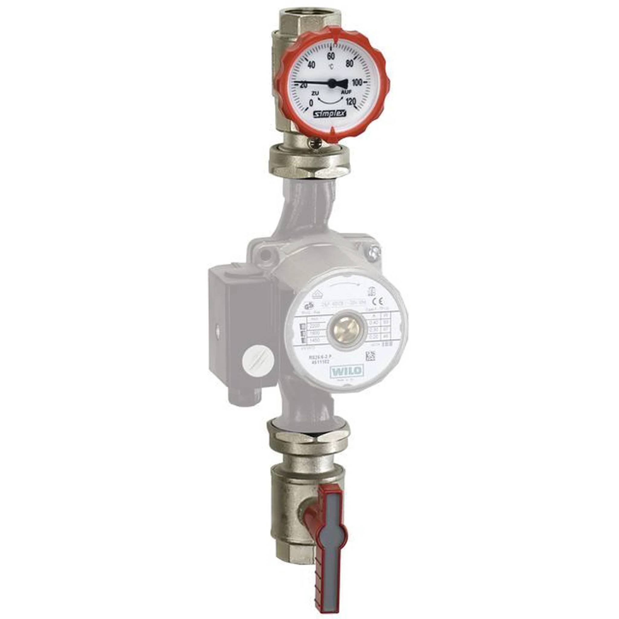 Aalberts SX Pumpen-Vorl.-Gruppe DN25 G1i PN16 MS vern. 2tlg. Thermom.gr., 1 Stk.