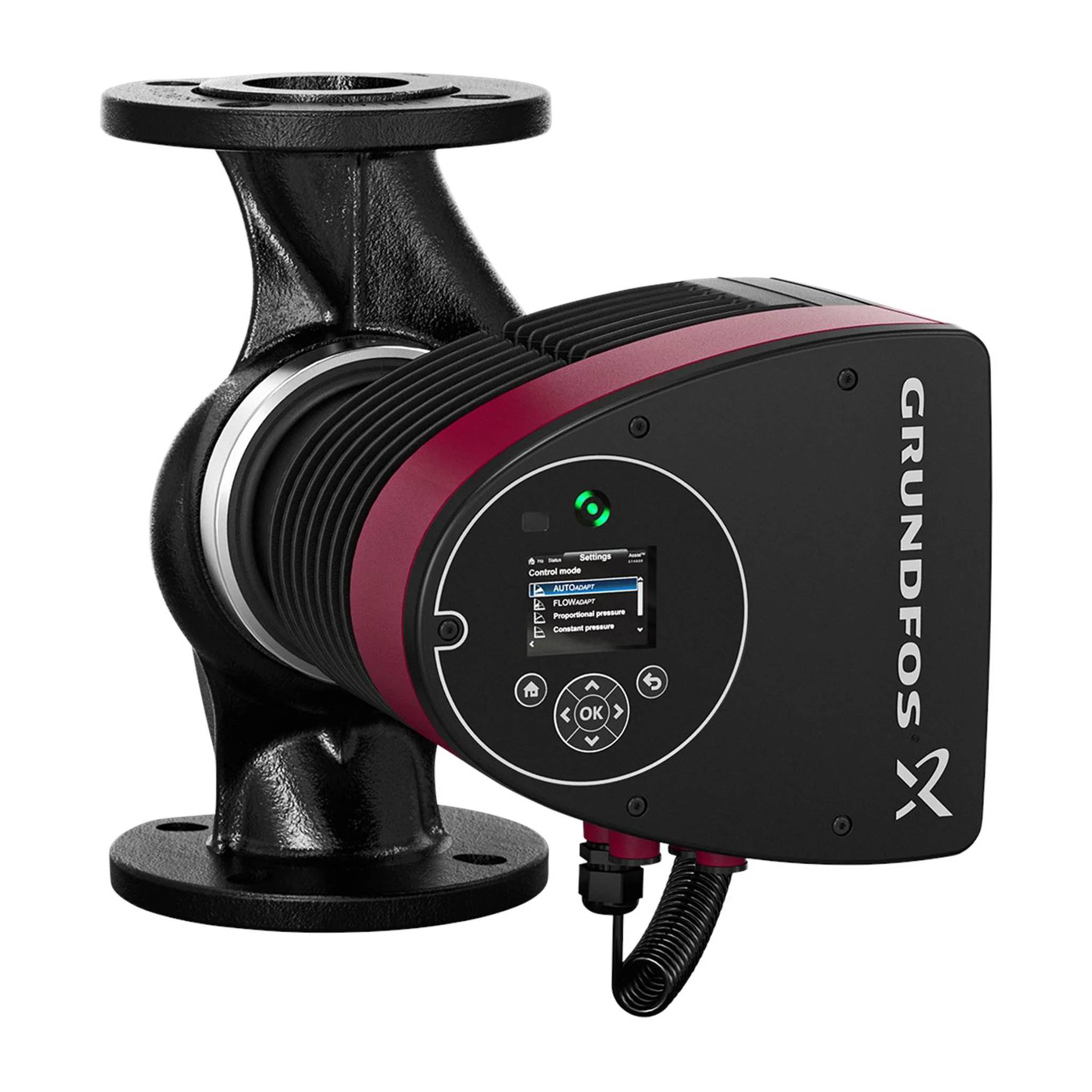 Schwarze Grundfos X Umwälzpumpe mit Flanschangeschlüssen und kleinem Bedienfeld