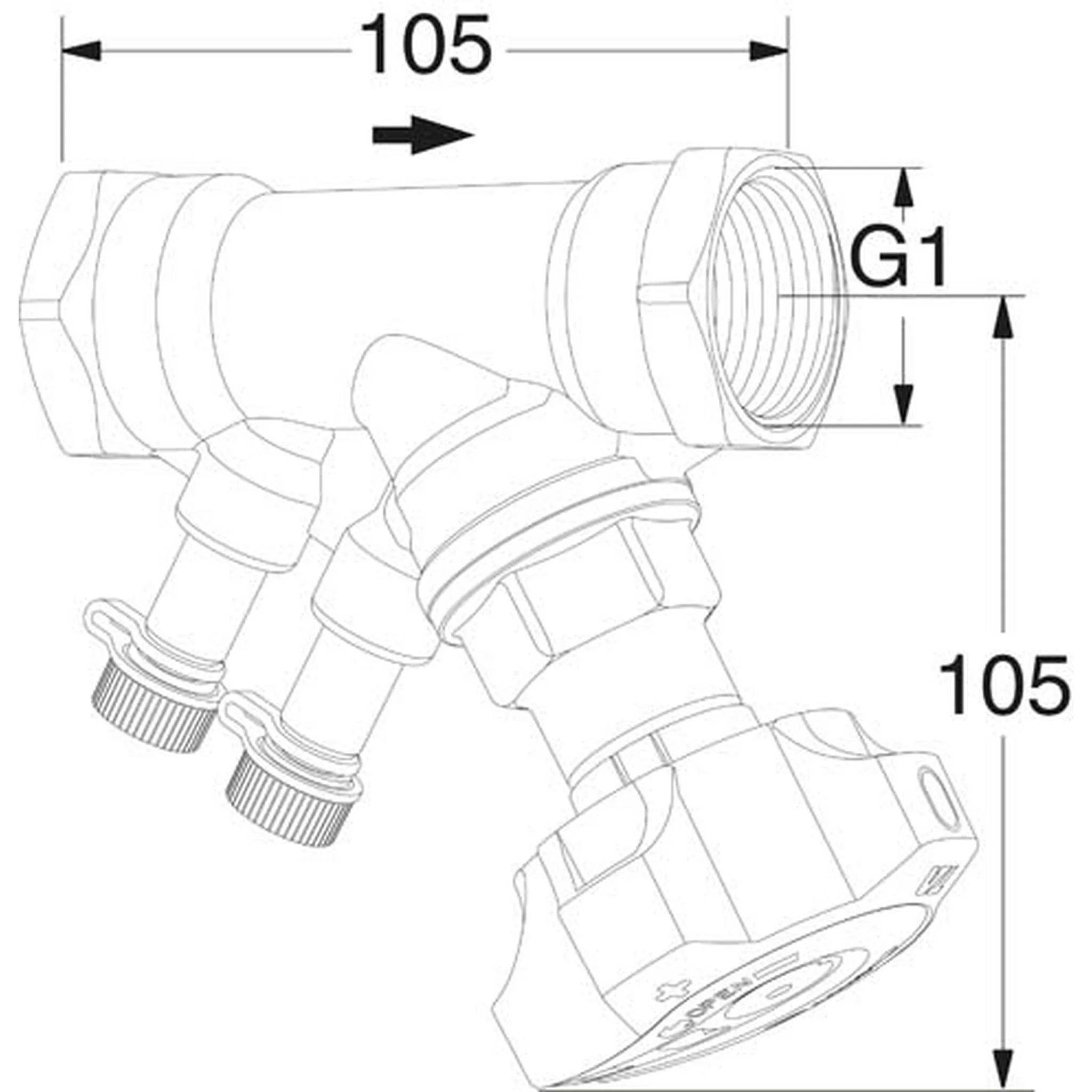 Technische Strichzeichnung einer T-förmigen Rohrverbindung mit Gewinde-G1-Ende und geneigtem Ventilgehäuse, mit beschrifteten Abmessungen von 105 mm horizontal und vertikal.
