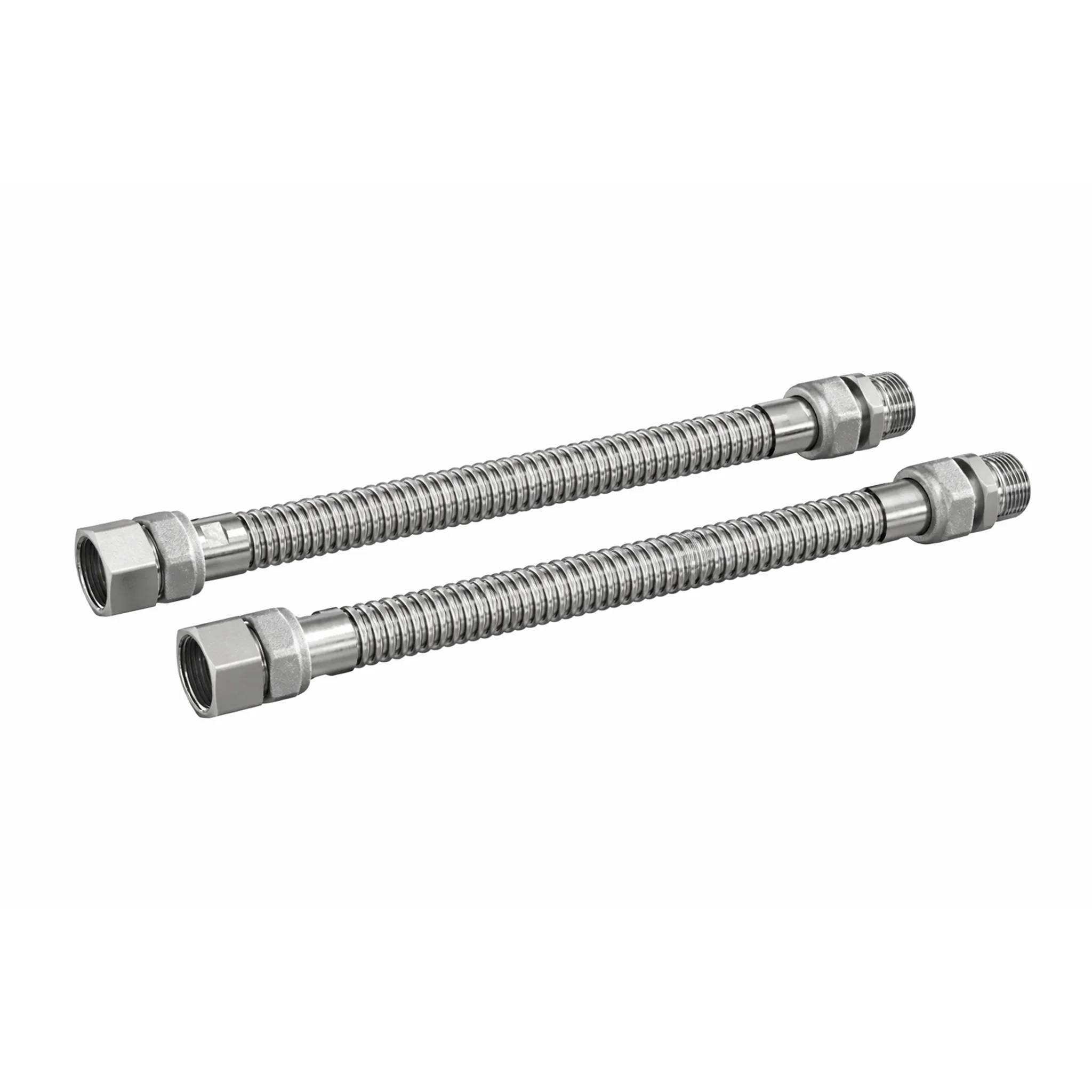Zwei Edelstahl-Flexschlauchverbinder mit Gewinde-Metallanschlüssen, gezeigt auf weißem Hintergrund.