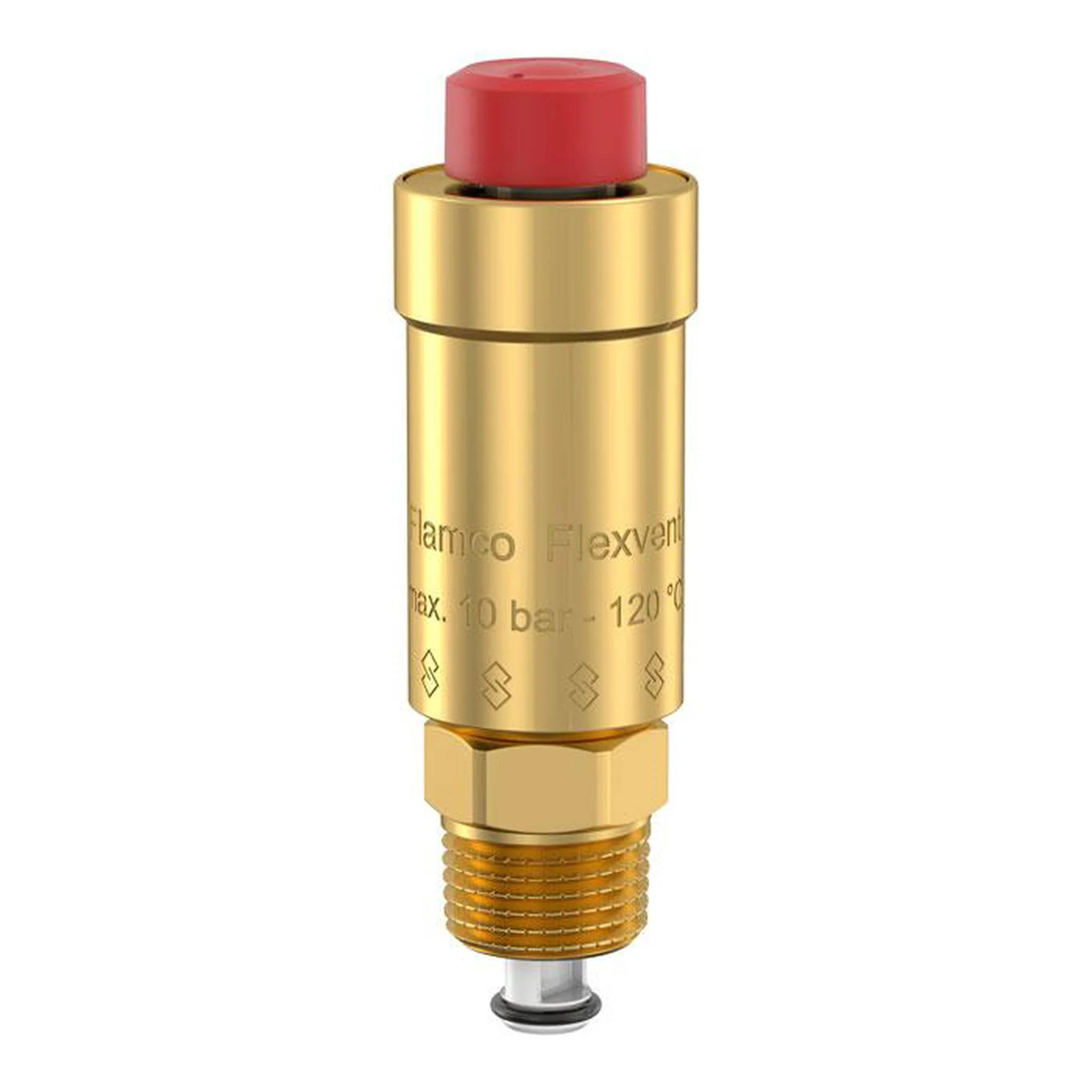 Goldfarben beschichtetes Sicherheitsventil mit roter Kappe und Gewindelagerung, dargestellt auf weißem Hintergrund.