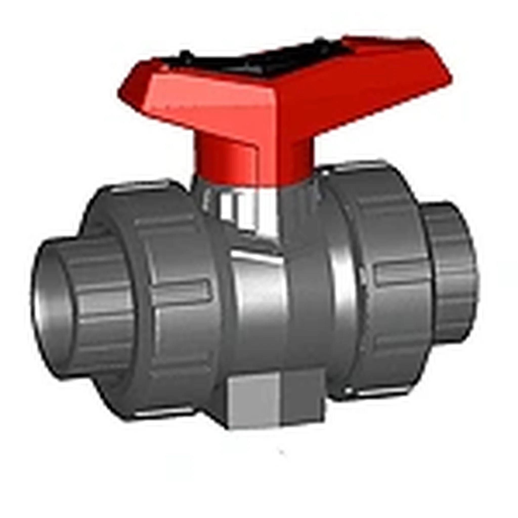 Grauer PVC-Kugelventil mit rotem Hebel-Griff, auf weißem Hintergrund dargestellt.