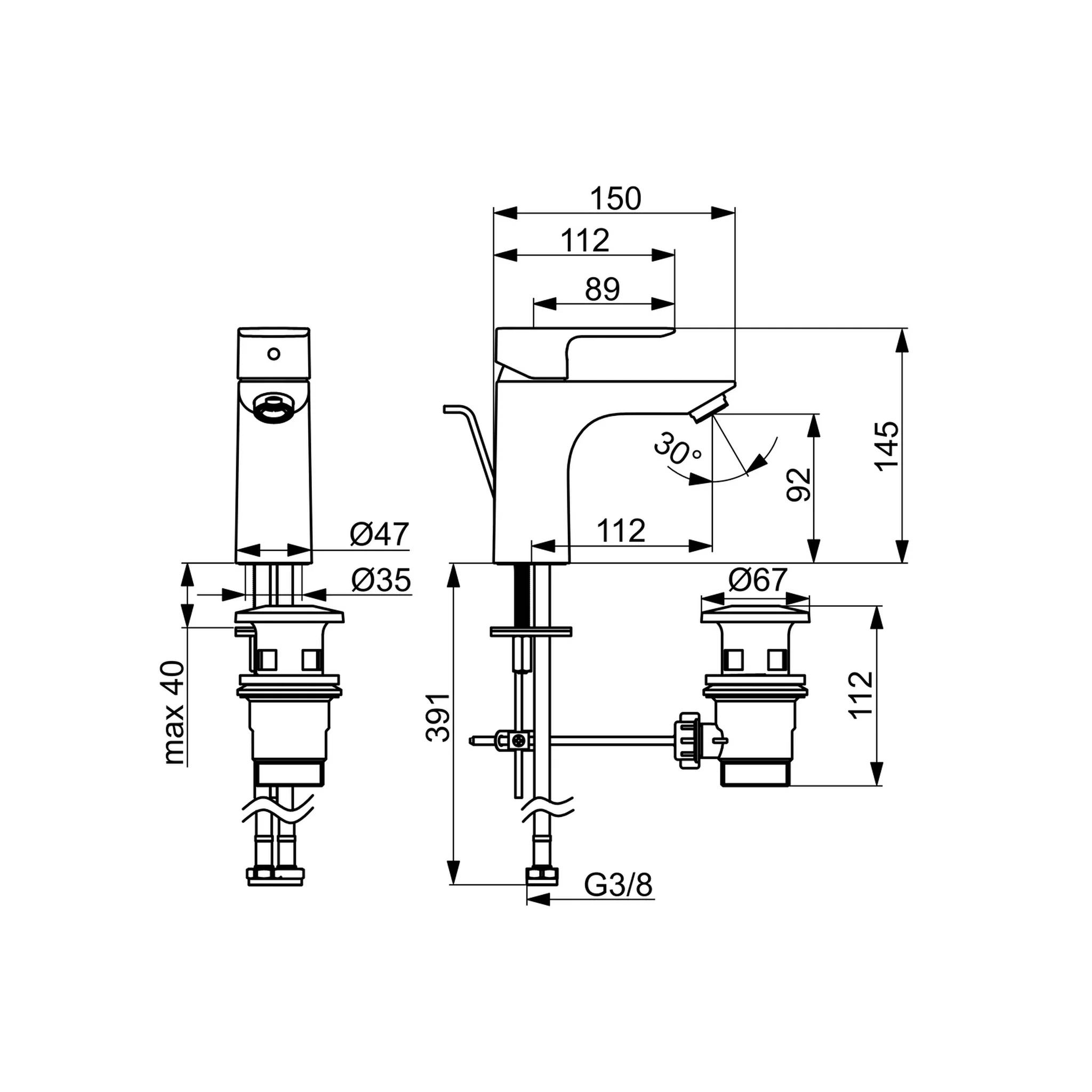 Hansa HANSABASIC XL 5550, Waschtischbatterie, HA EHM, Ablaufgarnitur m. Zugstange, Metall, Ausladung 112 mm, DN15, Chrom, 1 Stk.