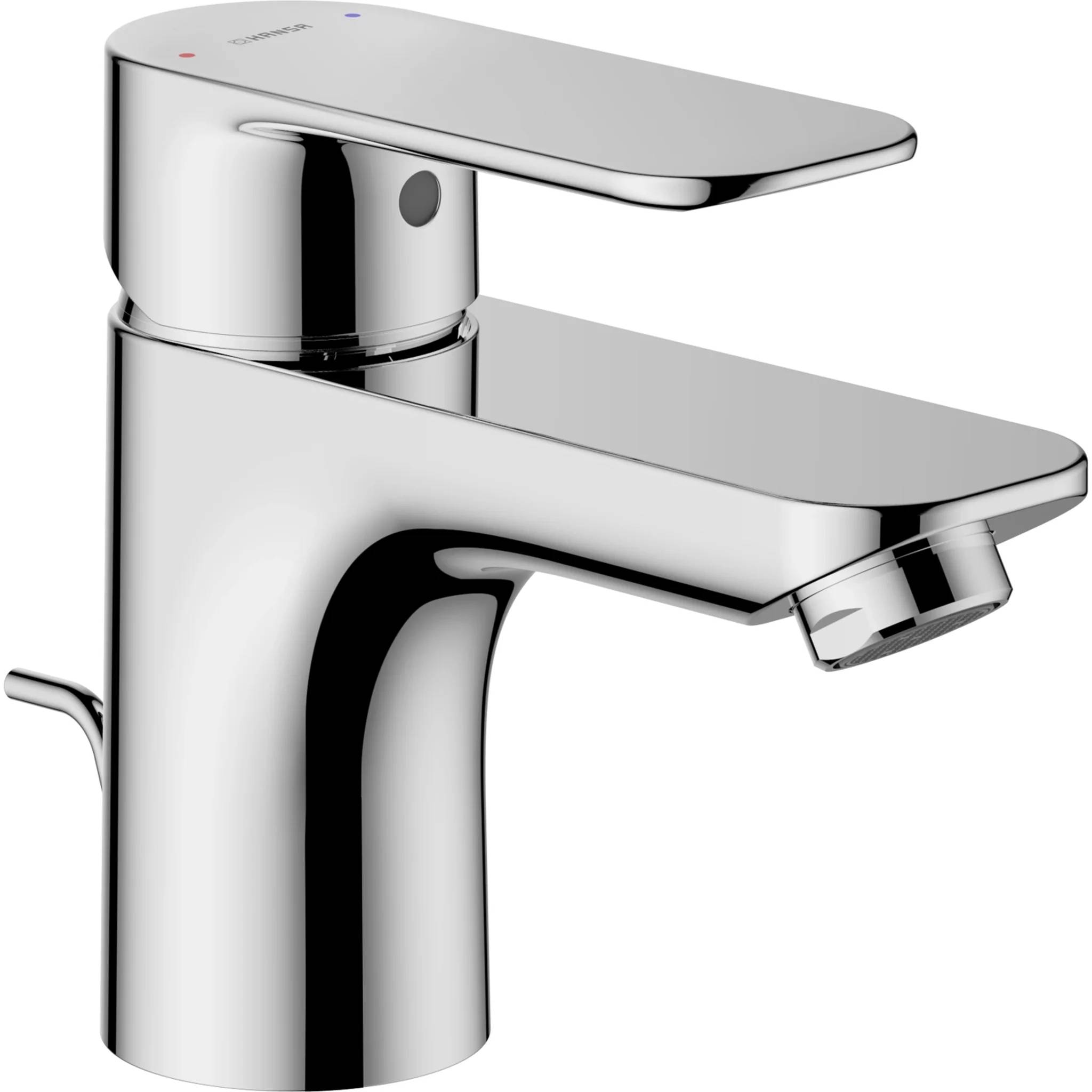 Einhandliger Waschbecken-Wasserhahn aus Chrom mit flachem Hebel und kurzem abgewinkeltem Auslauf auf weißem Hintergrund.