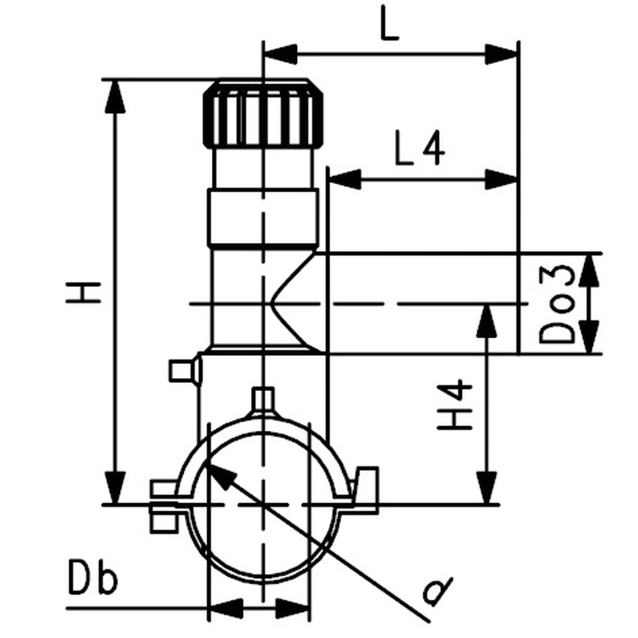 Technische Zeichnung einer Rohrschelle/Befestigung mit gekennzeichneten Abmessungen H, L, L4, H4, Db, D3 und Winkel α.
