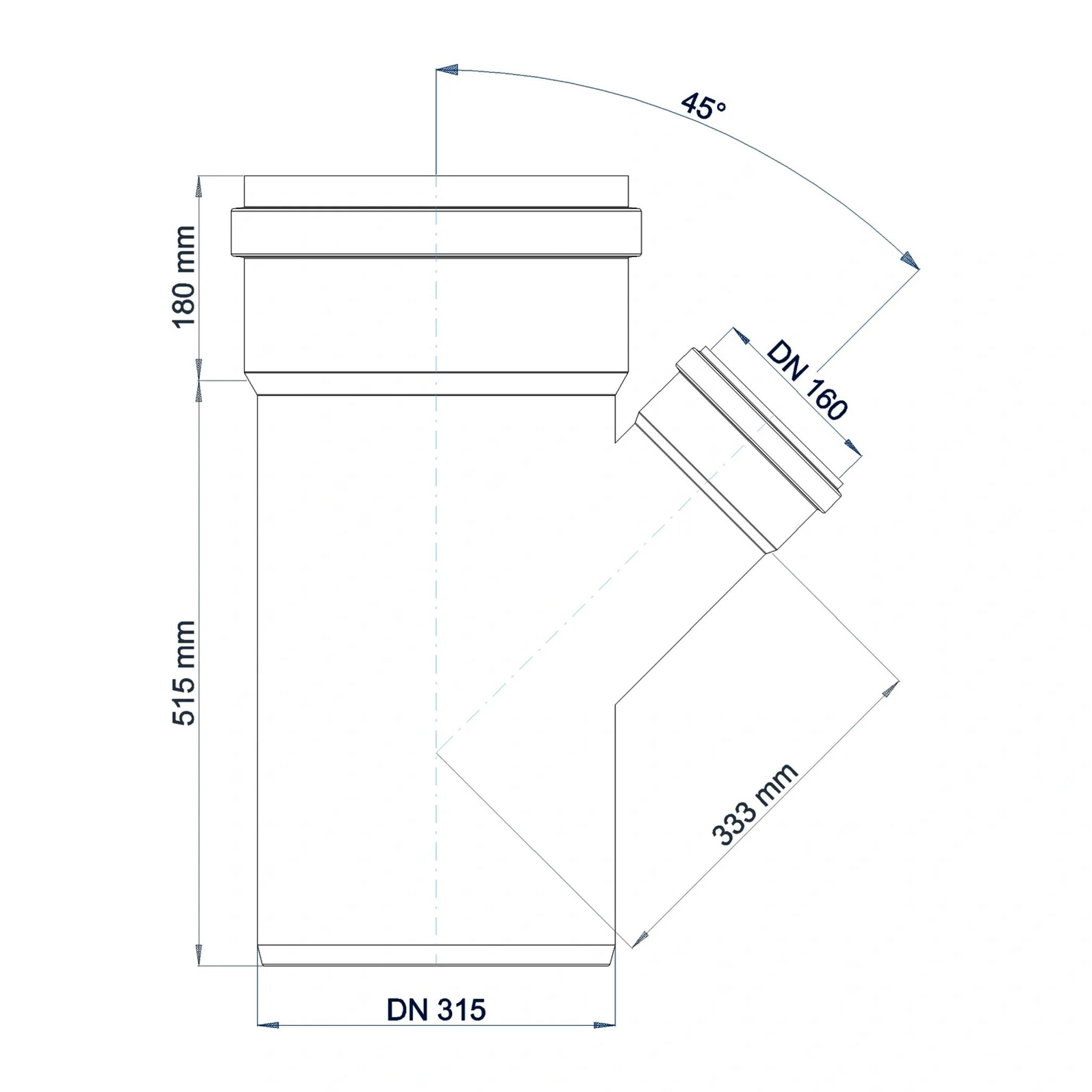 Technisches Diagramm einer DN 315-Rohrarmatur mit DN 160-Abzweigung im 45°-Winkel, mit den Abmessungen 515 mm Höhe, 180 mm Oberteil und 333 mm Abzweiglänge.