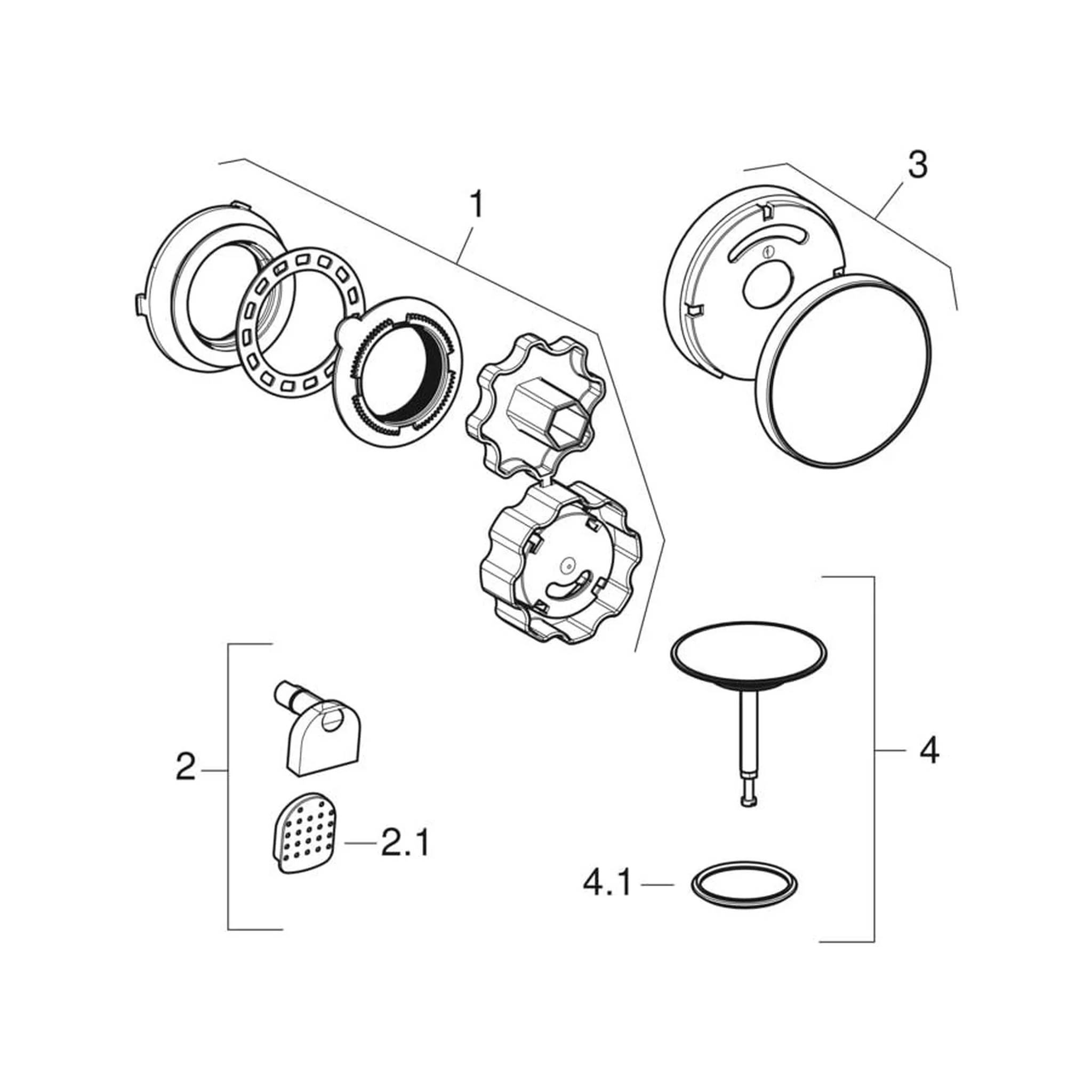 Explosionsdarstellung von Teilen eines mechanischen Ventil- oder Pumpenaggregats mit nummerierten Komponenten 1, 2, 3 und 4 mit Unterbaugruppen 2.1 und 4.1.