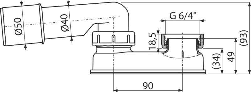 Technische Sanitärzeichnung eines U-förmigen Siphons mit zwei Öffnungen, gekennzeichnete Abmessungen einschließlich 90 mm Breite, 50 mm und 40 mm Durchmesser sowie Höhen von 18,5, 34, 49 und 93 mm.