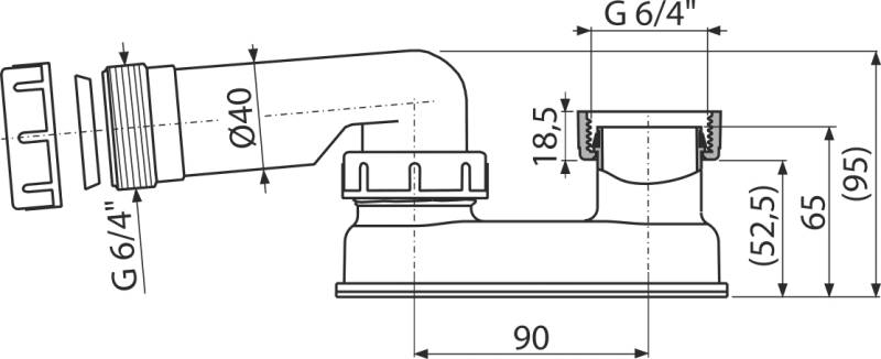 Technische Zeichnung einer Rohrverbindung oder Ventilbaugruppe mit Bemaßungslinien und in Millimetern gekennzeichneten Abmessungen, einschließlich G 6/4 und G 6/4