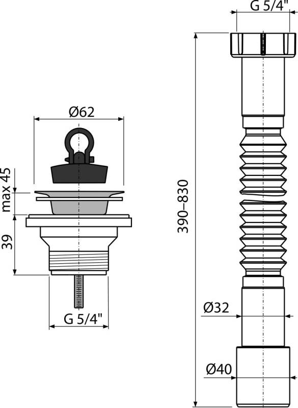 Alcadrain Flexianschluss Kunststoffmutter 5/4"×32/40 + Ablaufventil für die Waschbecken 5/4" mit einem Edelstahlgitter DN63
