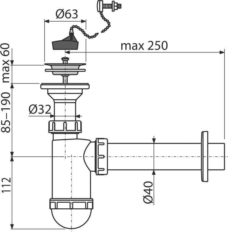Alcadrain Flaschengeruchverschluss für die Waschbecken DN40 mit einem Edelstahlgitter DN63, Kette
