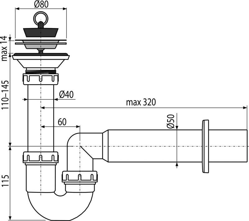 Technisches Sanitärschema eines Waschbeckens mit Ablauf und P-Siphon-Baugruppe mit beschrifteten Abmessungen und Rohrlängen.