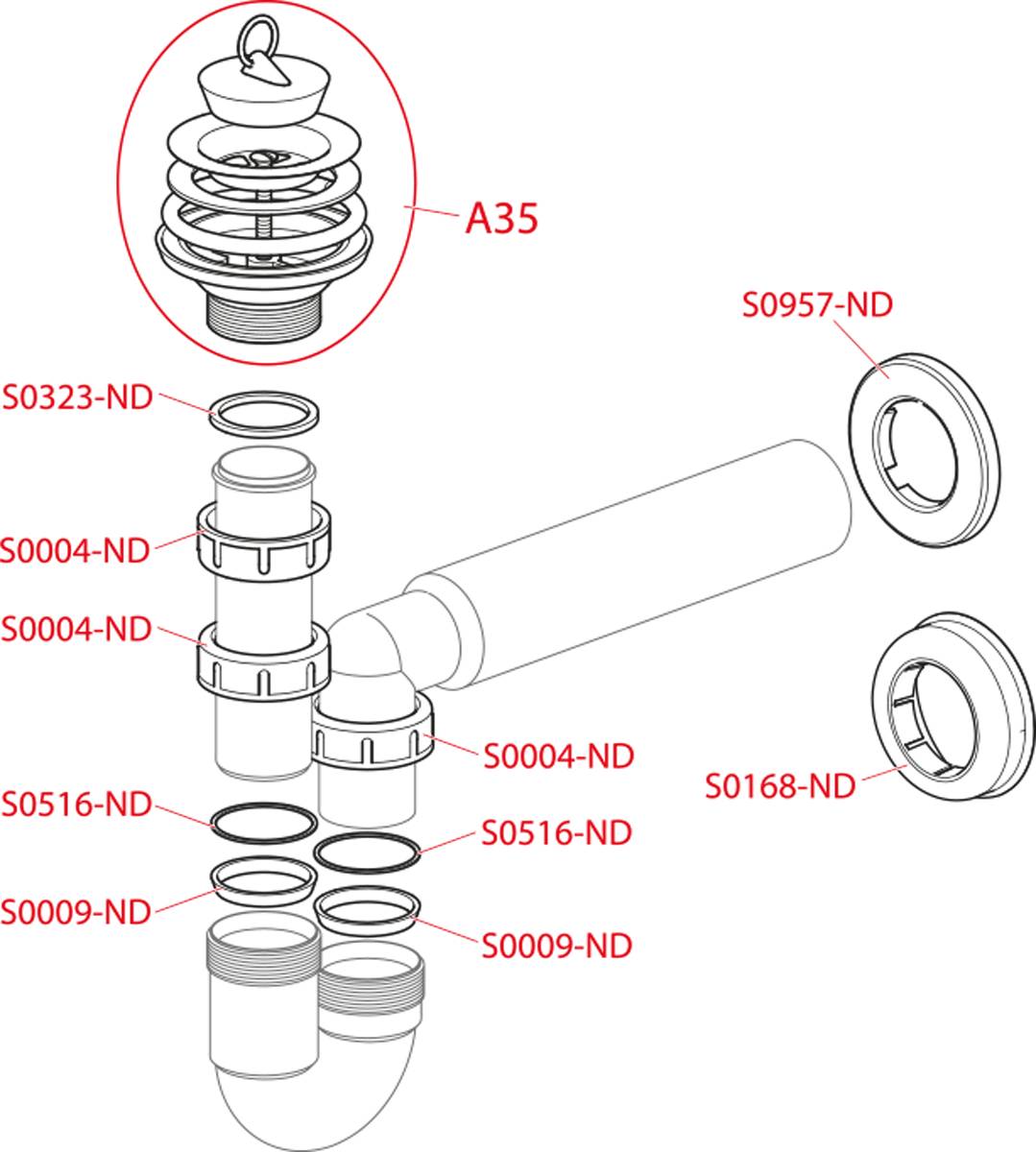 Explodierte technische Zeichnung einer Rohrbaugruppe mit beschrifteten Teilen A35, S0323-ND, S0004-ND, S0516-ND, S0009-ND, S0957-ND und S0168-ND.