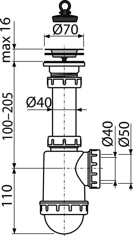 Alcadrain Spülbeckensiphon mit einem Edelstahlgitter DN70