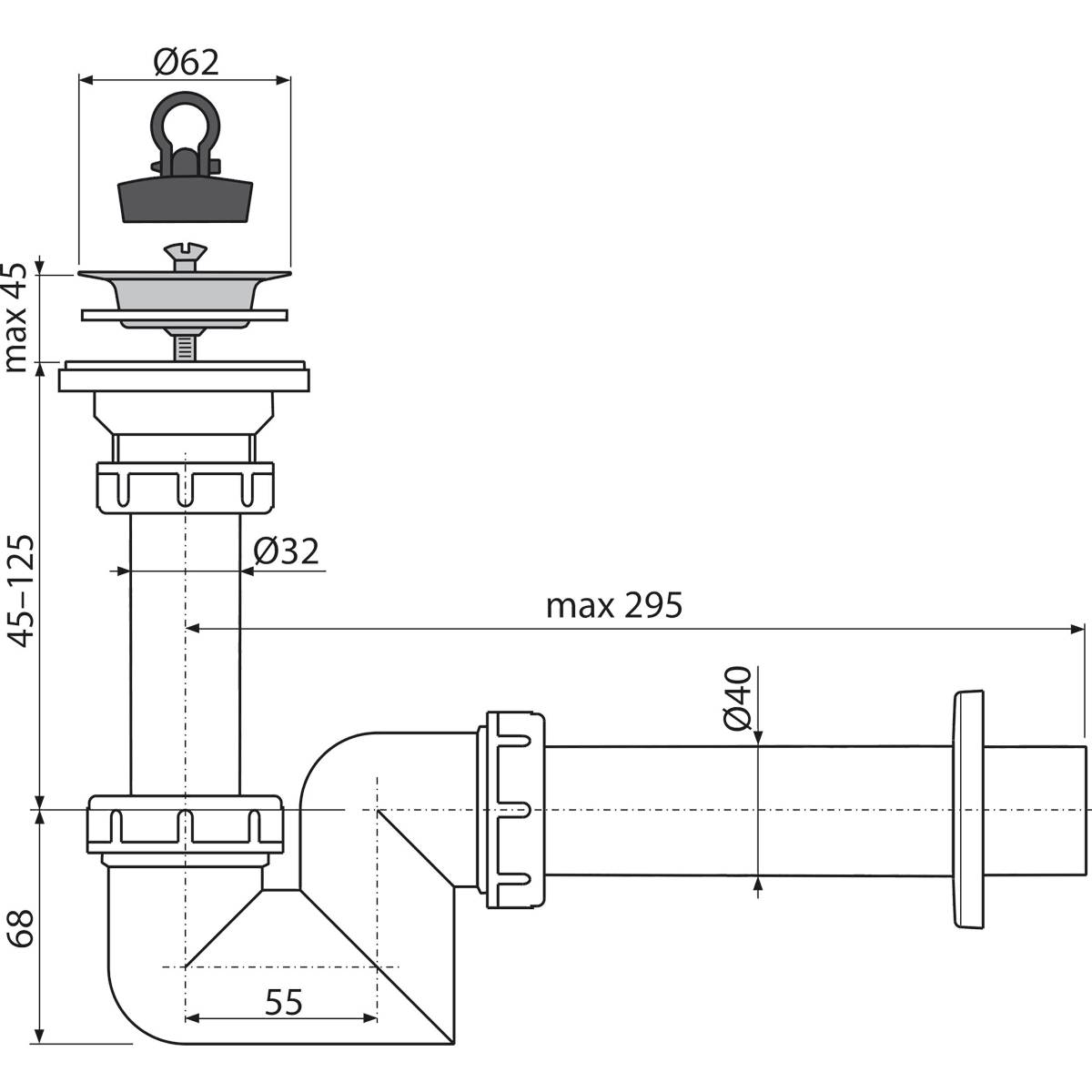 Alcadrain Waschbeckensiphon „S“ DN40 mit einem Edelstahlgitter DN63