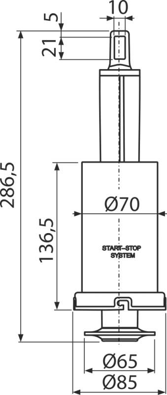 Technische Maßzeichnung eines vertikalen mechanischen Bauteils mit gekennzeichneten Abmessungen, einschließlich Gesamthöhe 286,5, Bauhöhe 136,5, Breiten Ø70, Ø65 und Ø85, sowie obere Abmessungen 21 und 10.