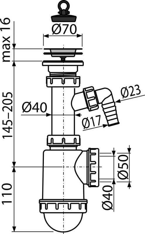 Alcadrain Spülbeckensiphon mit einem Edelstahlgitter DN 70 und einem Geräteanschluss