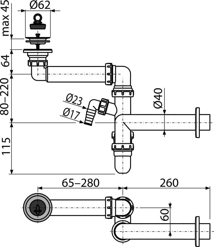 Alcadrain Raumsparsiphon DN40 für die Waschbecken DN63 mit Geräteanschluss