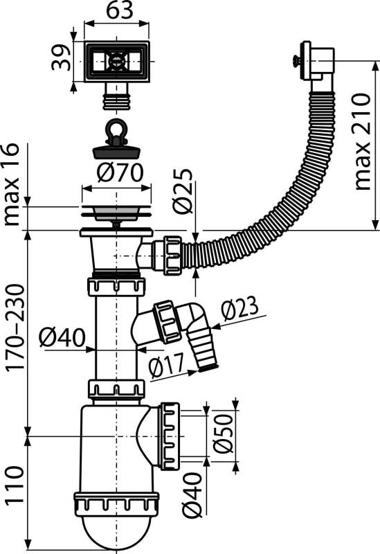 Technische CAD-Zeichnung einer Rohrbaugruppe mit einem gewellten flexiblen Schlauch, Ventil und Verbindungsstücken, gekennzeichnet mit Abmessungen in Millimetern.