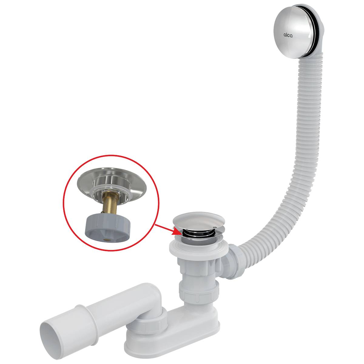 Weiße Badewannenentwässerung mit Überlaufschlauch und Hubventilverschluss, dargestellt mit rotem Kreis in einer Vergrößerung, die das Abflussventil-Detail hervorhebt.