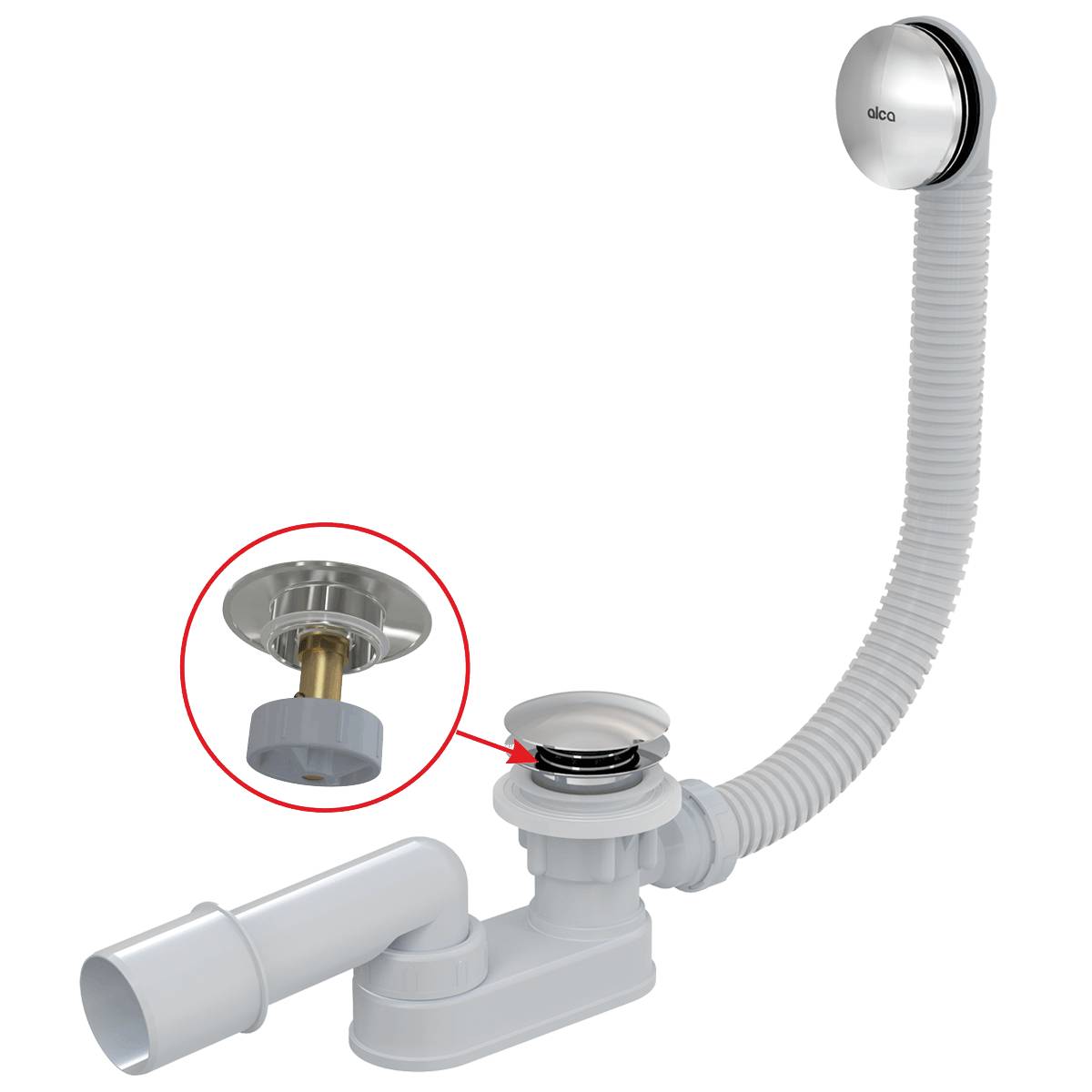 Produktfoto einer weißen Badewannenentwässerungsbaugruppe mit Überlauffschlauch, mit einer Nahaufnahme des Stopfenmechanismus der Ablaufvorrichtung.