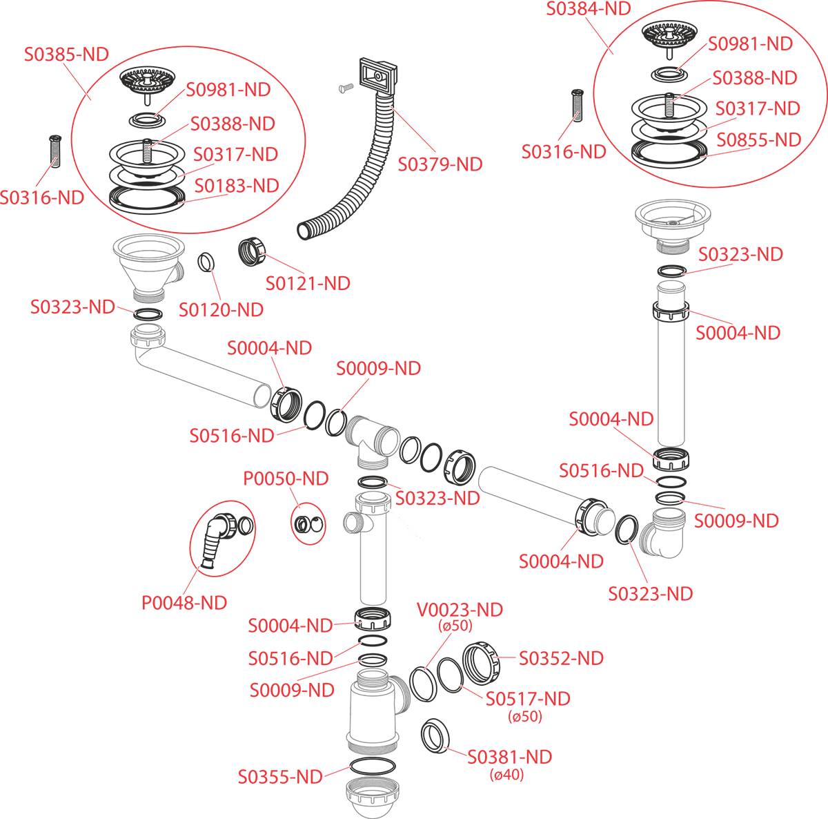 Explosionsdiagramm der Sanitärventilbaugruppe mit gekennzeichneten Teilen und Dichtungen, das die Reihenfolge und Anordnung der Komponenten um ein Zentralrohr und vertikale Verschraubungen zeigt.