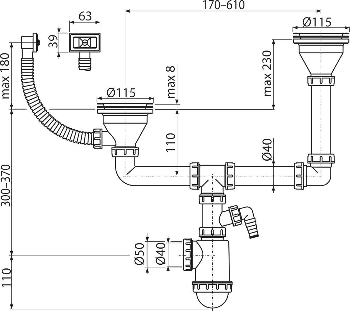Technisches Sanitärinstallationsschema mit Rohrleitungslayout, mehreren Armaturen und Bemaßungsetiketten für Rohrdurchmesser, Höhen und Längen.