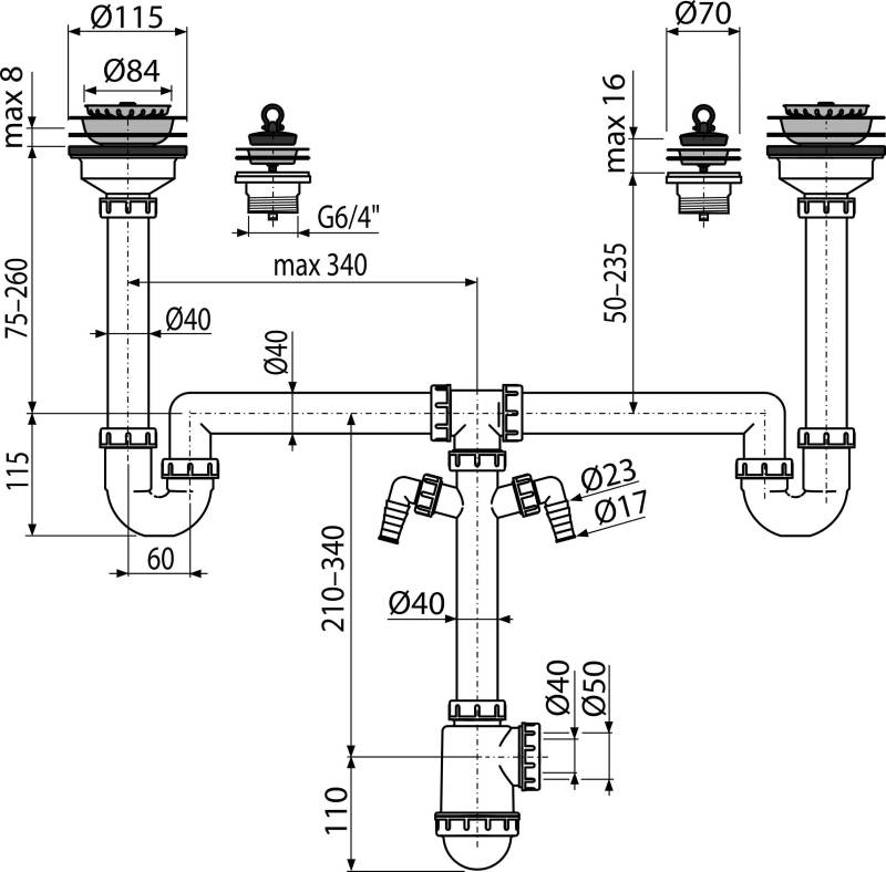 Alcadrain Doppelspülbeckensiphon Universal Set DN50/40