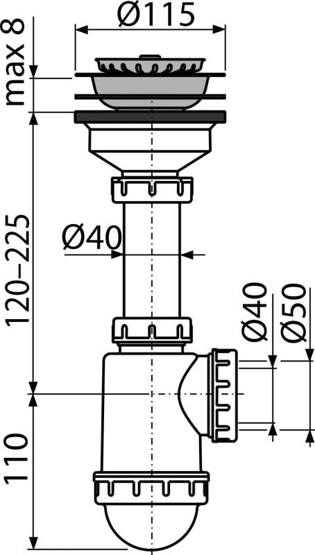 Alcadrain Spülbeckensiphon mit einem Edelstahlgitter DN 115