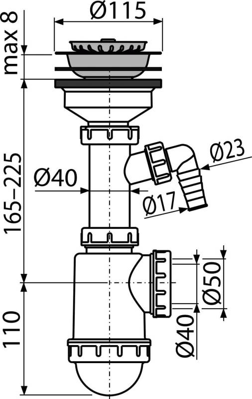 Alcadrain Spülbeckensiphon mit einem Edelstahlgitter DN 115 und einem Geräteanschluss