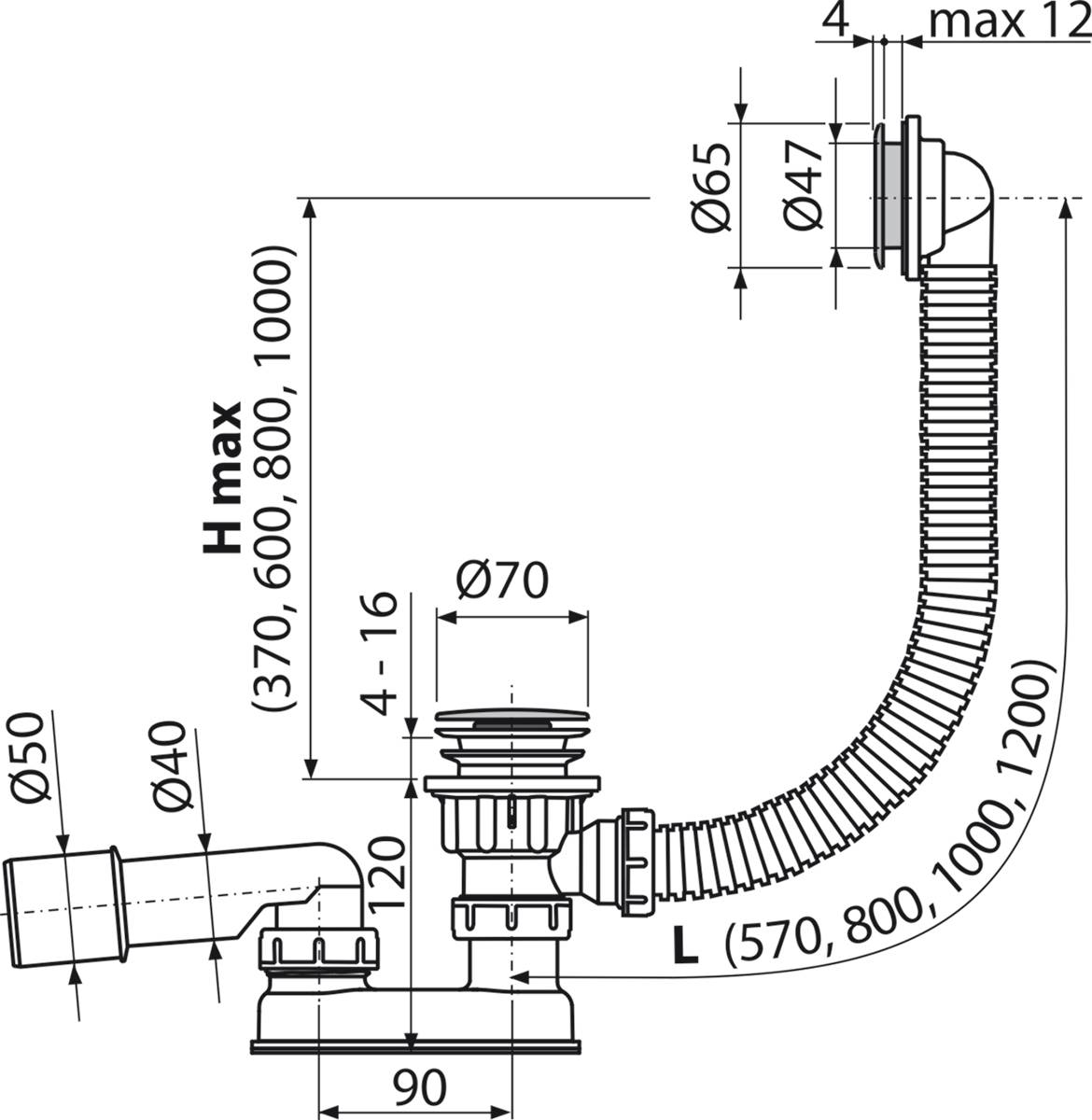 Technische Zeichnung einer gekrümmten Wellschlauchbaugruppe mit Armaturen, die Abmessungen, Durchmesser und Höhenbereich für die Installation zeigt.