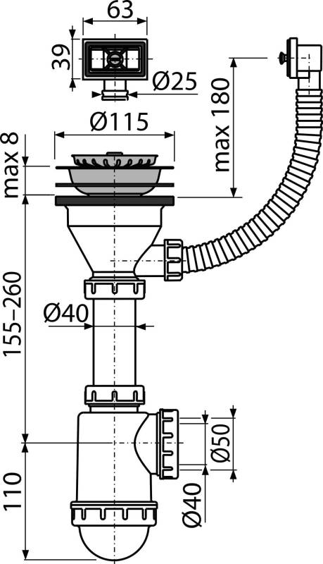 Alcadrain Spülbeckensiphon mit einem Edelstahlgitter DN115 und einem Flexiwasserüberlauf