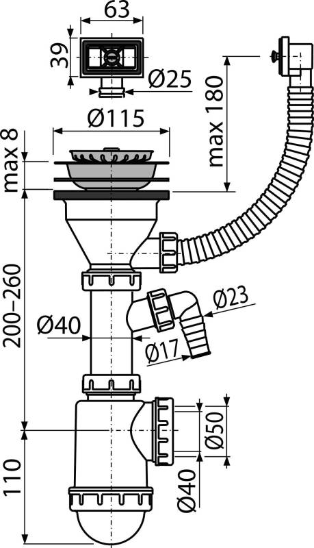Alcadrain Spülbeckensiphon mit einem Edelstahlgitter DN 115, einem Flexiwasserüberlauf und einem Geräteanschluss