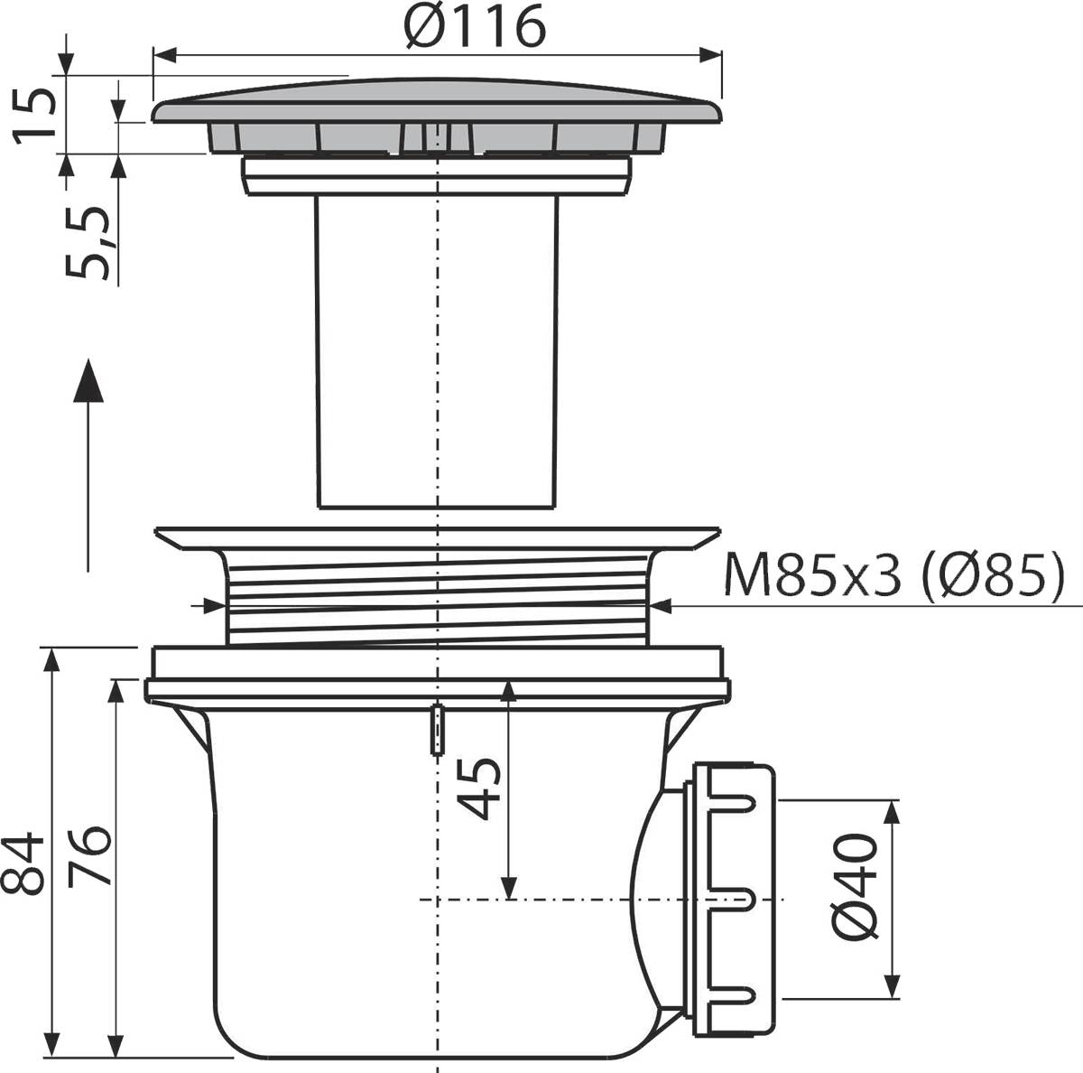 Alcadrain Ablaufgarnitur für die Duschwannen, Ablauf 90 mm, DN 40, Metall, Weiß-Glanz