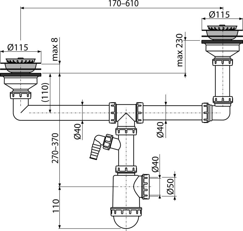 Alcadrain Doppelspülbeckensiphon mit einem Edelstahlgitter DN115 doppelstufig und einem Geräteanschluss