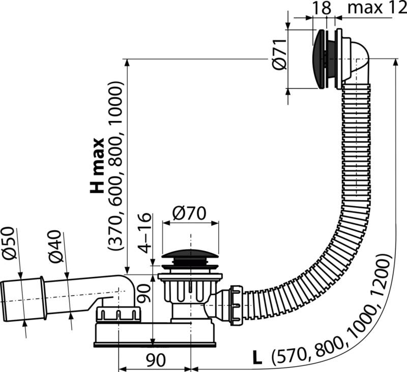 Technische Zeichnung einer flexiblen Wellschlauchgruppe mit Armaturen, mit Maßstabsangaben für Durchmesser, Länge und Höhe.