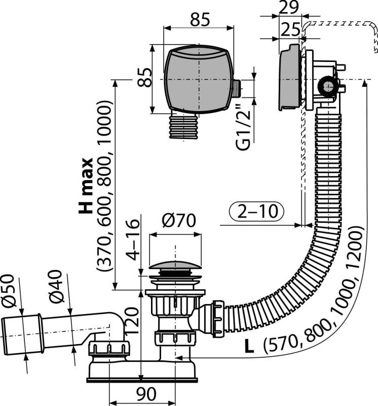 Technisches Rohrleitungsschema mit einer gekrümmten flexiblen Schlauchleitung, die mit Armaturen und Ventilen verbunden ist, mit Abmessungen und Messwerten, die durchgehend gekennzeichnet sind.