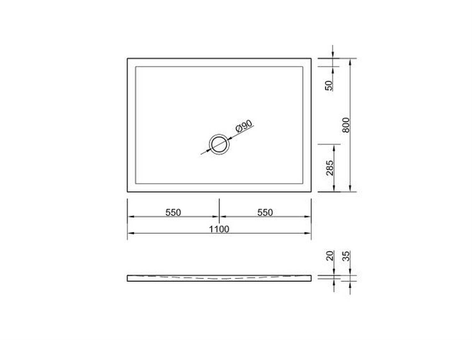Technische Zeichnung eines rechteckigen Panels mit zentriertem Ø90-Loch, beschriftet 1100 mm breit x 800 mm hoch und 35 mm dick, mit markierten Lochpositionen.