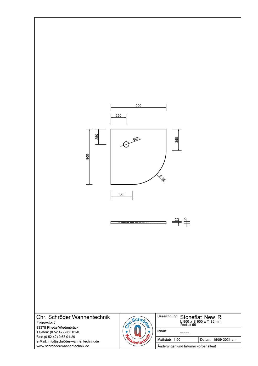 Technische Zeichnung einer Viertelrund-Duschwanne mit Abmessungen, gekennzeichnet als „Stoneflat New R