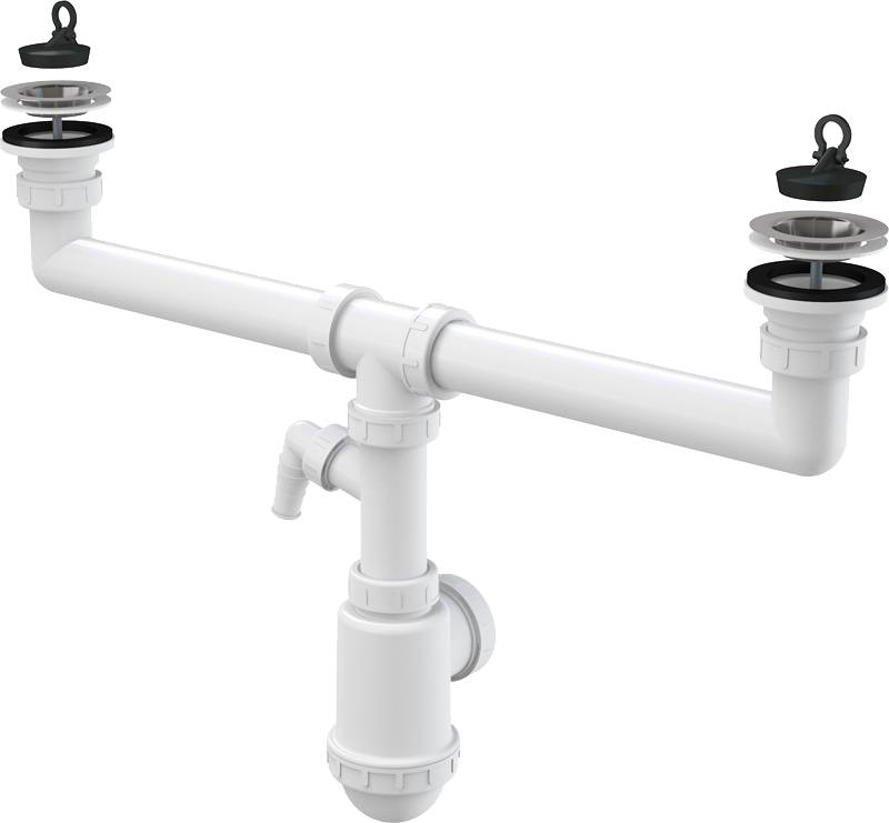 Weiße Kunststoff-Siphon-Drainageanlage unter dem Waschbecken mit horizontalem Rohr und zwei offenen Waschbecken-Drainverbindungen.