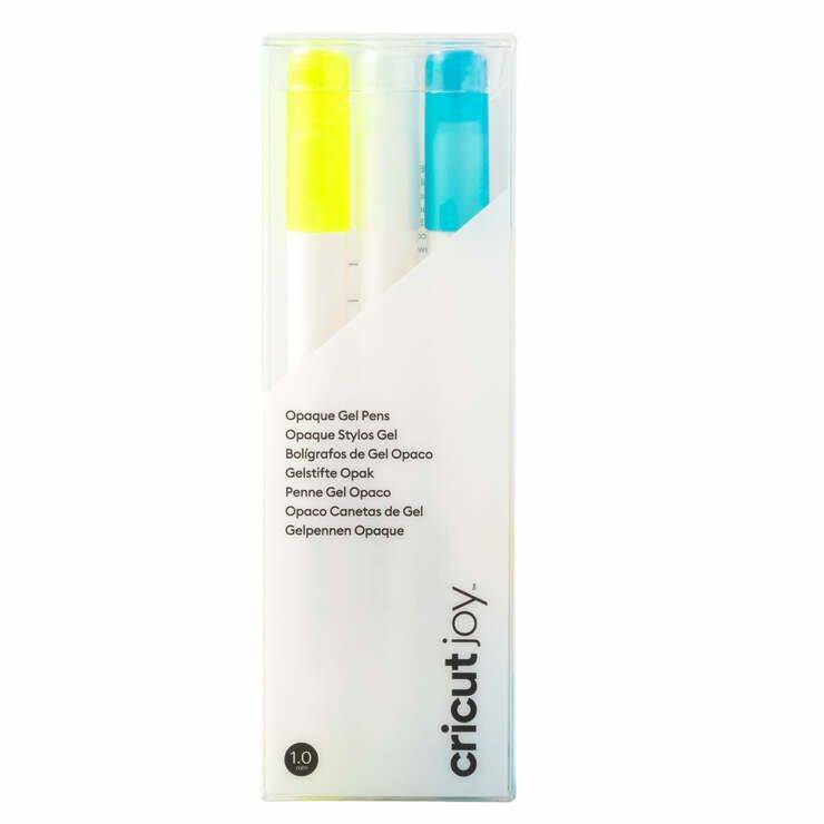 Packung mit Cricut Joy undurchsichtigen Gelstiften in Gelb und Blau, gezeigt in durchsichtiger Kunststoffverpackung mit Produktname auf der Vorderseite gedruckt.