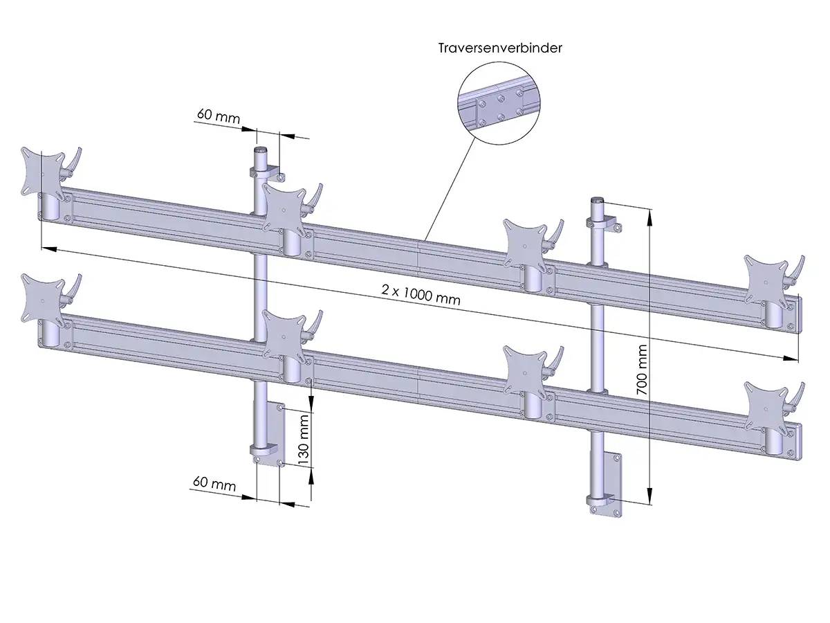 Flat-System Wandhalter für 8 Monitore 4+4 - 20''-24''