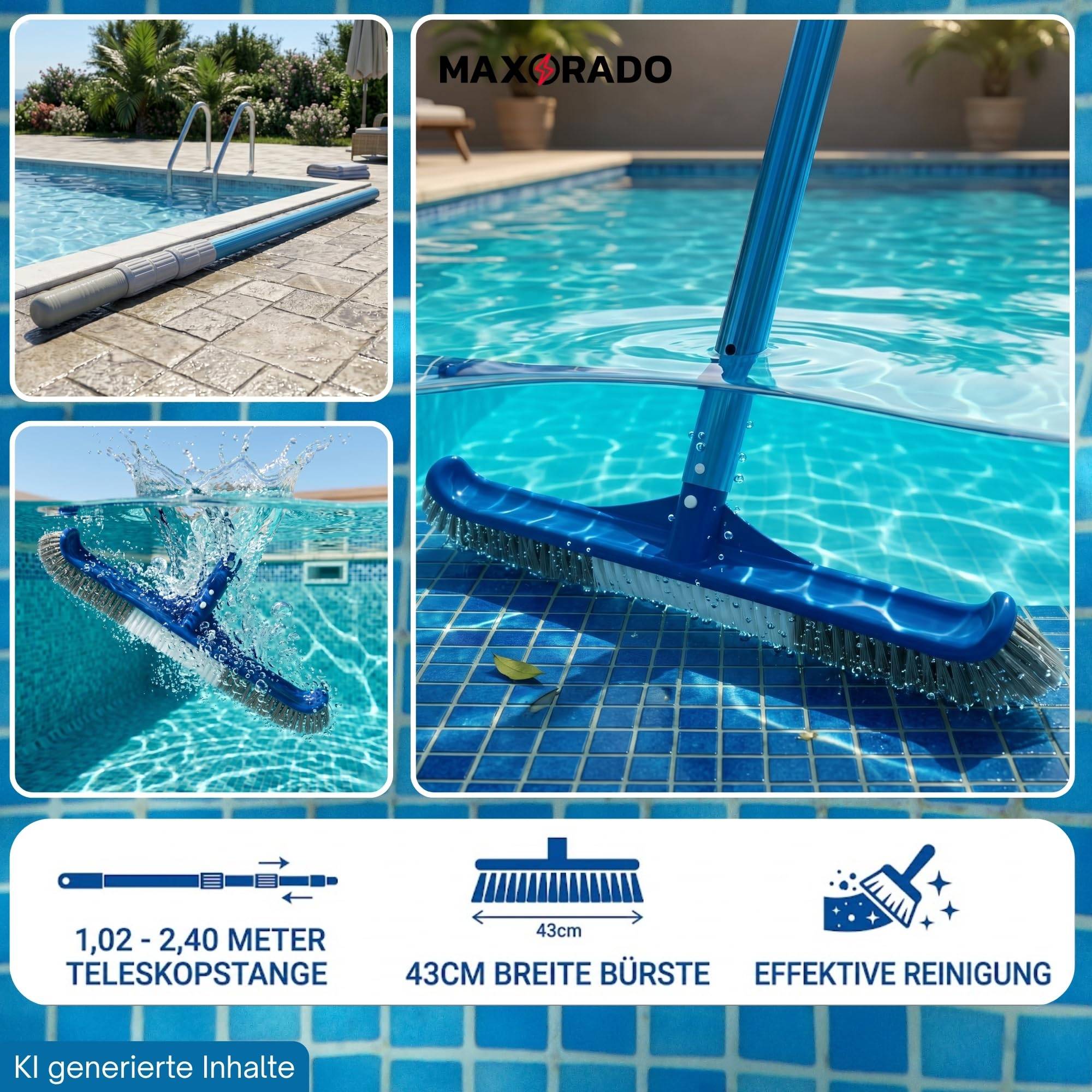 Lange Poolbürste 2,4m mit Teleskopstange für Poolreinigung Boden Wand Poolbesen mit gebogenen Enden